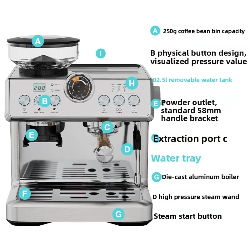 Italian, semi-automatic coffee machine, double boiler, pump type 20bar coffee machine, extraction and grinding integrated