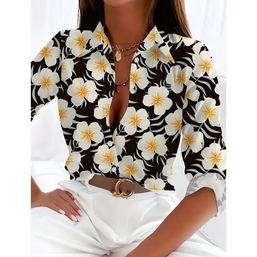 Fashion 2024 New Women\'s Long Sleeve Shirts 3d Floral Print Single-Breasted T-shirts Button-Up Blouse Elegant Loose Lapel Shirts