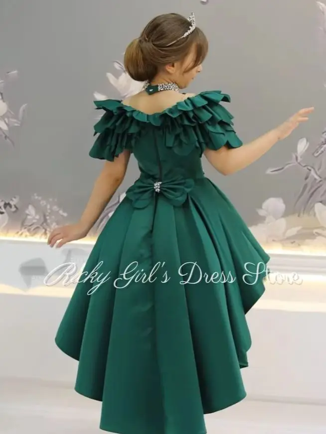 High Low Green Flower Girl Dress Off Shoulder Beaded Satin Wedding Party Gown Sparking Glitter Kids Birthday Dresses Customized