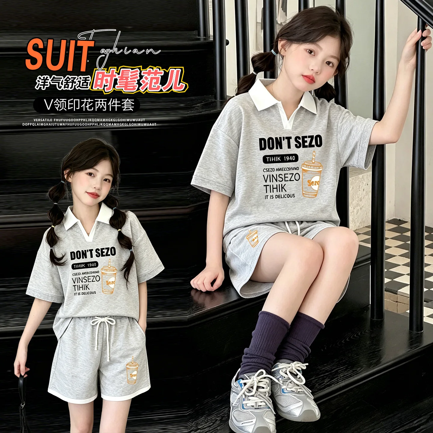 summer-4-14-teen-girl-sport-clothes-suit-polo-collar-short-sleeved-t-shirt-short-junior-kids-sportswear-set-child-casual-outfits