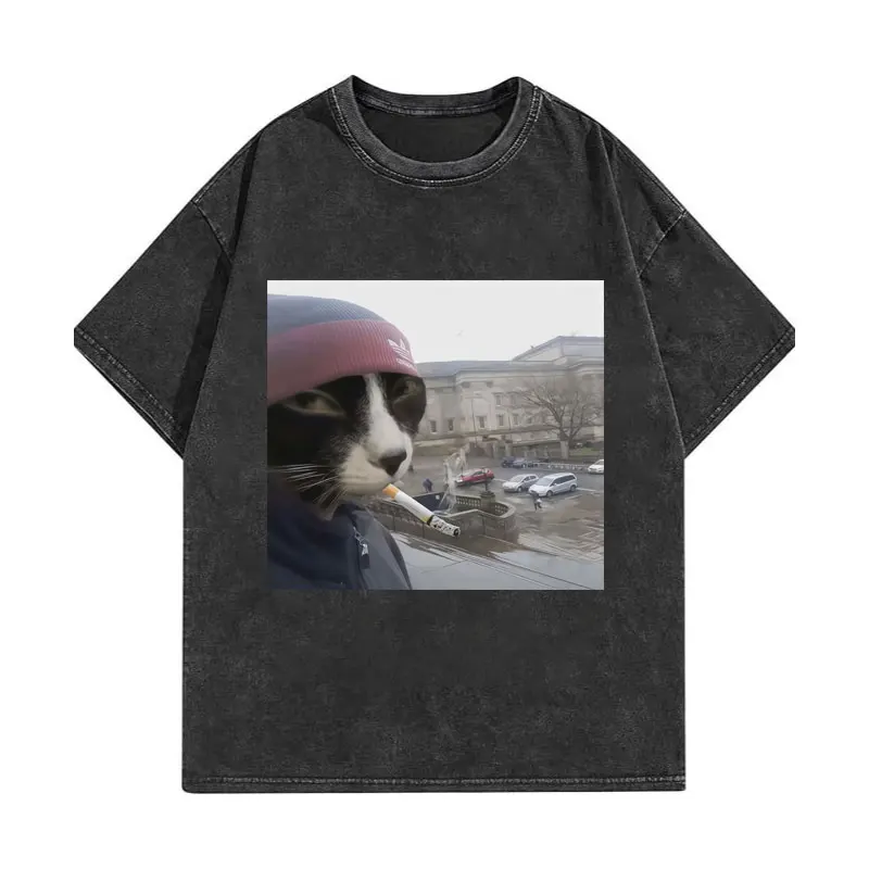 

Vintage Washed Funny Smoking Cat Meme Graphic T Shirts High Street Fashion Trend T-shirt Men's Women's Oversized Cotton T-shirts