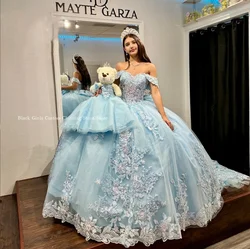 Sky Blue Princess Quinceanera Dresses 2024 One Shoulder Corset 3D Lace Appliques vestido 15 quinceañeras baratos