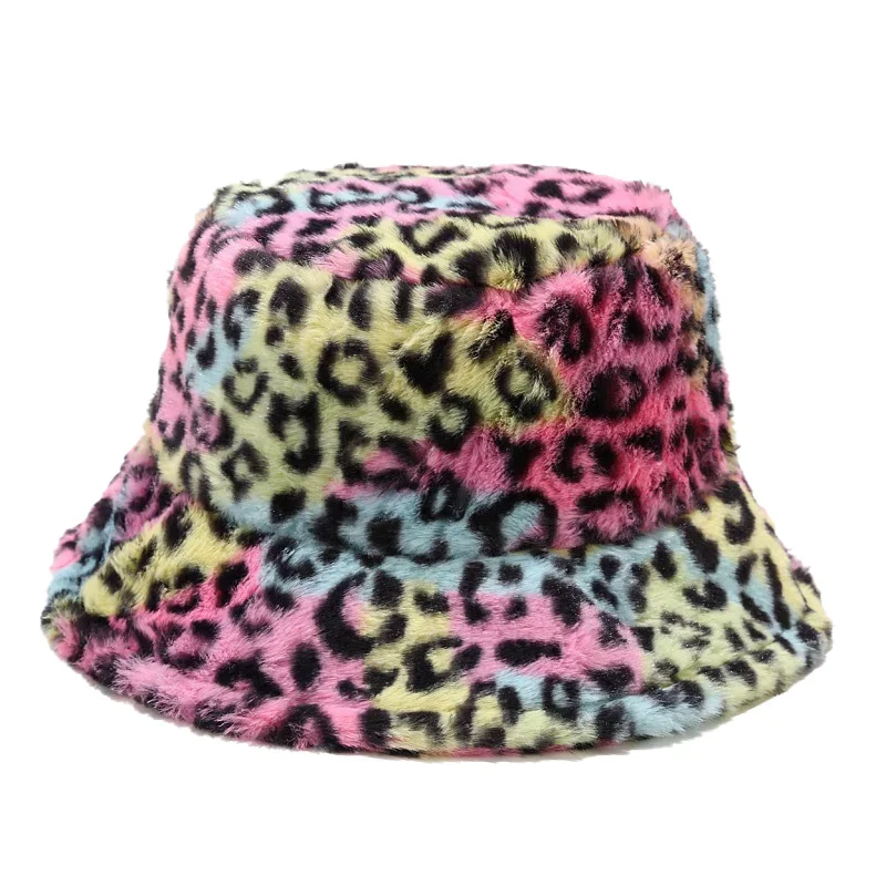 2024New Winter Eimer-Hüte Flauschigen Fell Männer Frauen Panama Hut Mode Warme Fischer Kappe Brief Regenbogen Hahnentritt Leopard gedruckt – Detail 8