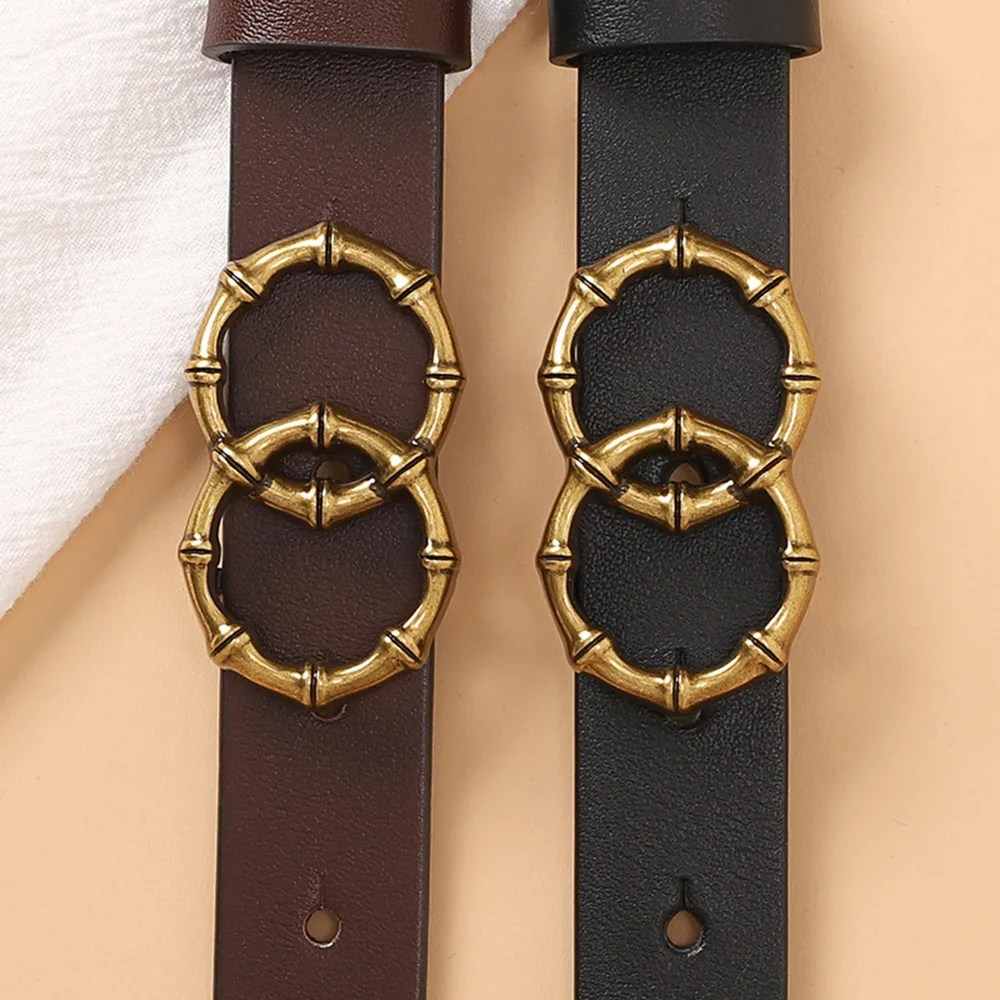 Solid Cow Skin Leather Alloy Fashion Design Double Ring Buckle Belts for Women 2.8cm Wide