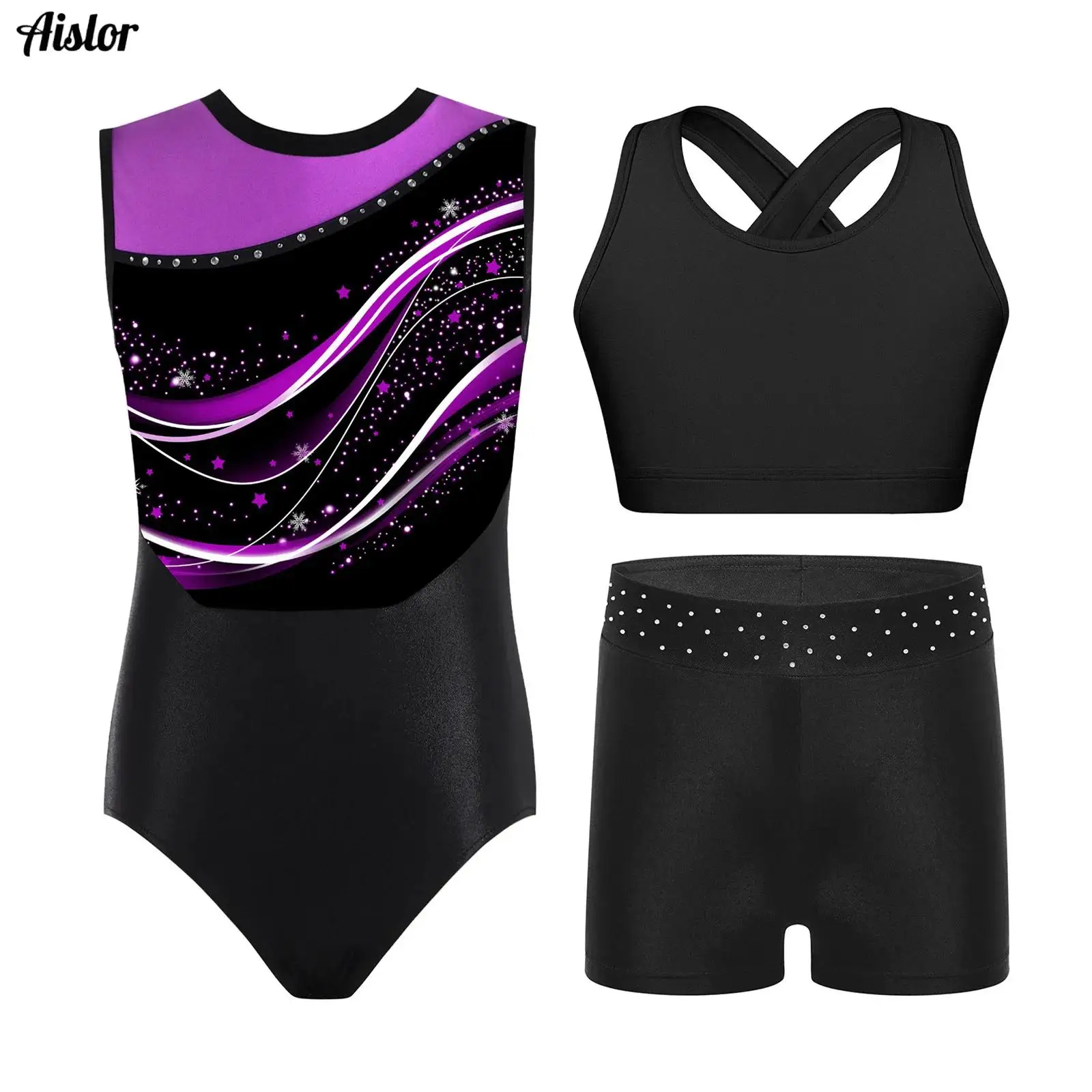 

3Pcs Kids Girls Gymnastics Dance Bodysuit Fashion Color Block Print Leotard with Shorts and Hair Band Figure Skating Dancewear