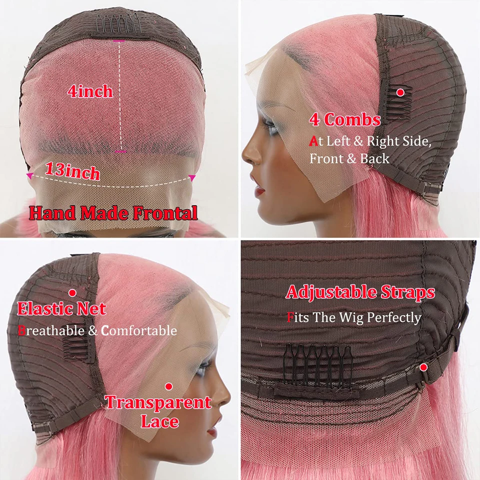 Peruca curta e reta para mulheres, cabelo humano, frontal de renda, rosa, Borgonha, 13x4