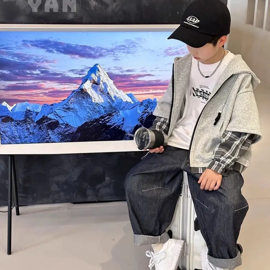 2025 Autumn Boys' Mid-Large Size Hooded Sweatshirt Fake Two-Piece Cardigan - Stylish Cool Fall Kids Outerwear