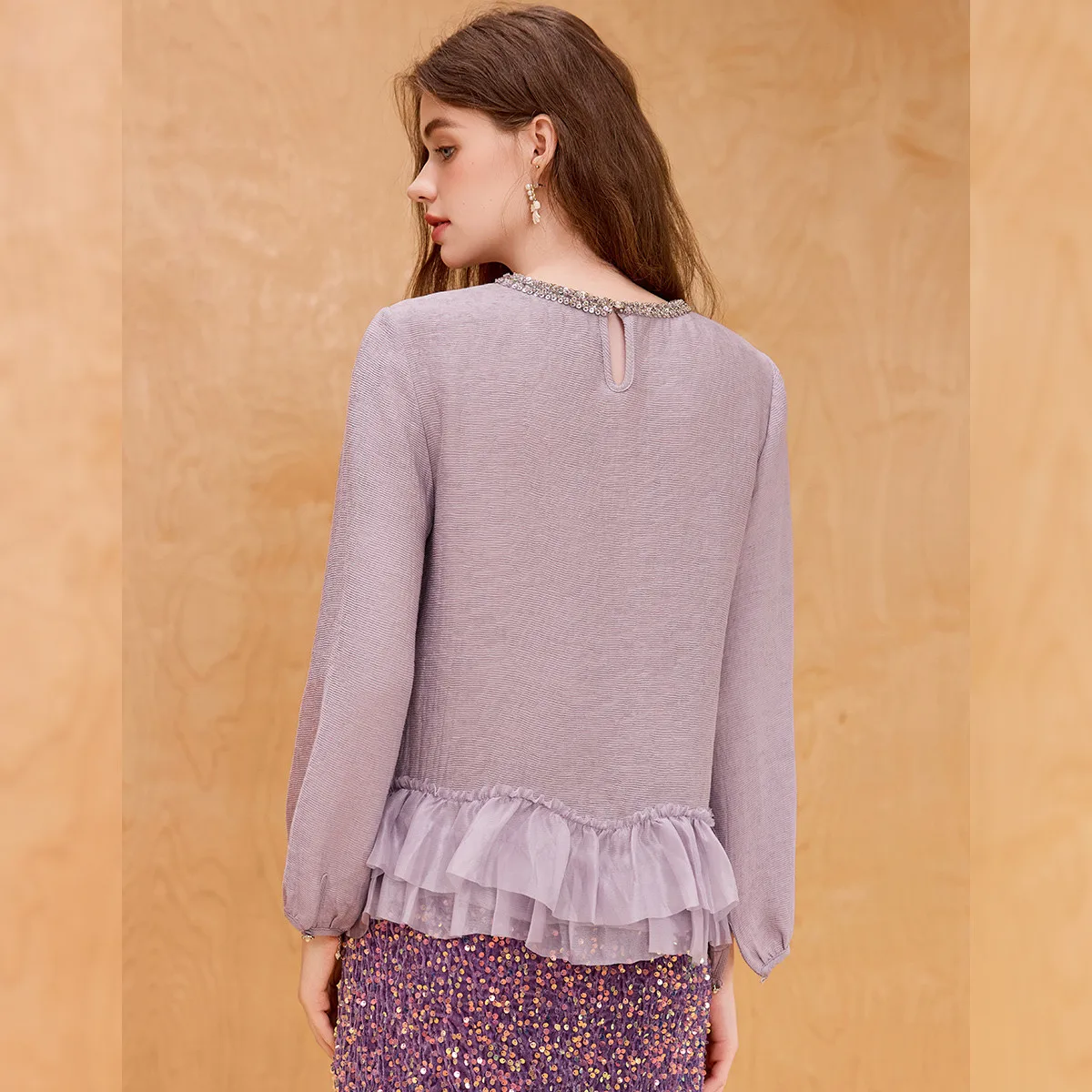 LOUIS YAO Neue Patchwork Plissee Spitze frauen Hemd 2025, Herbst Neue Blusen Rundhals Pullover Langarm Blusen Elegante Top