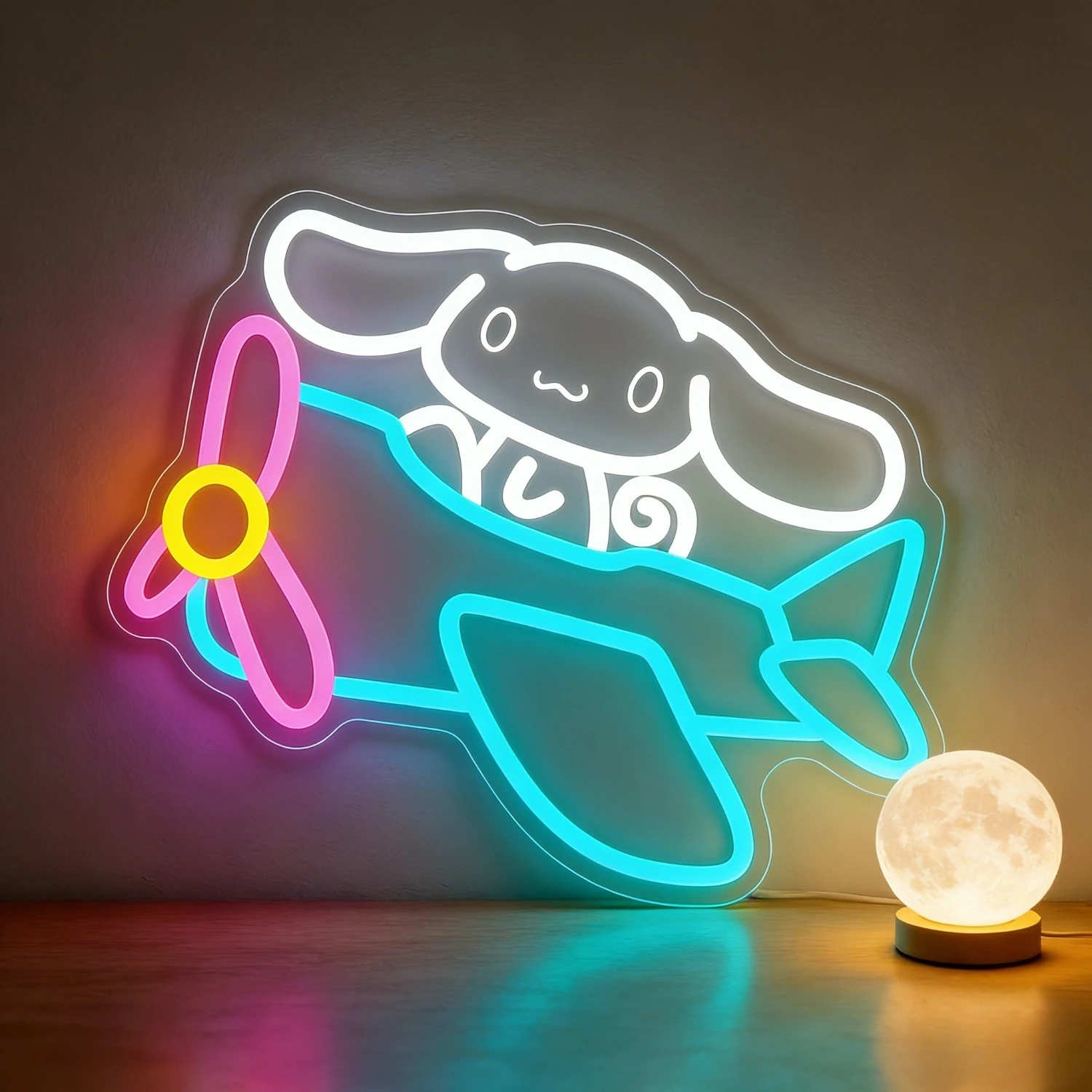 

Неоновая светодиодная вывеска Cinnamoroll Flying in Plane Sanrio с регулируемой яркостью, USB, для декора детской комнаты, настенный декор в стиле путешествий, подарок
