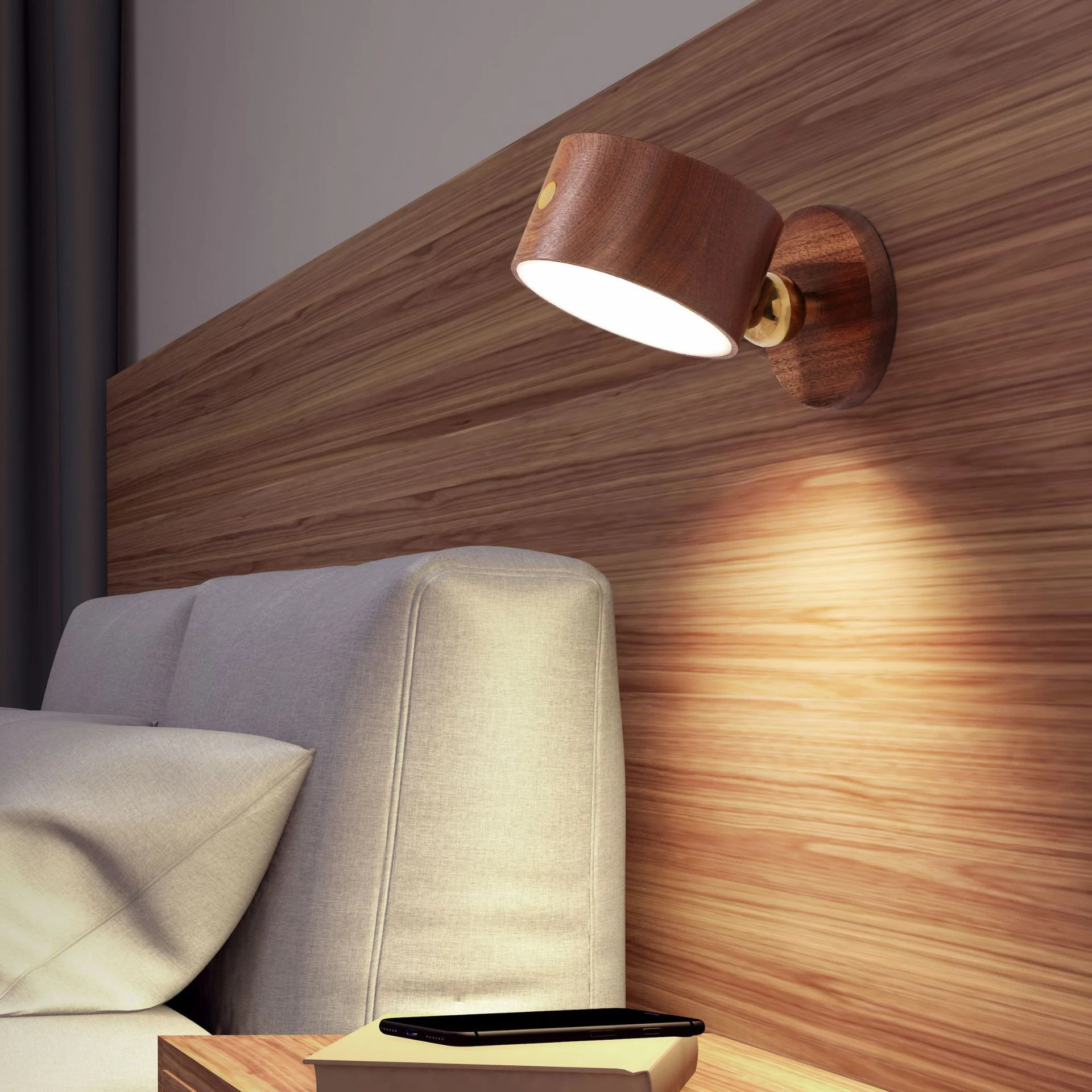 

Nordic wood rechargeable wall lamp without punching mobile bedroom bedside background wall magnetic absorption LED wall lamp