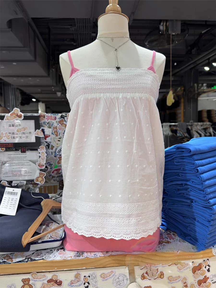 Neues Elastisches Band Trägerloses Tube-Top Damen Weiß Gepunktet Bestickt A-Linie Baumwolle Camisole Sommer Süße Rüschen Einfarbiges Tanktop