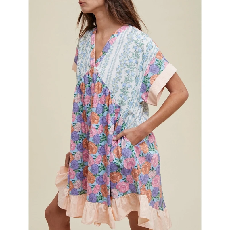 Combhasaki ผู้หญิงฤดูร้อน Boho Vintage Floral พิมพ์ Contrast สี Batwing แขนสั้น V คอ Ruffle Hem หลวมชุดมินิสั้น