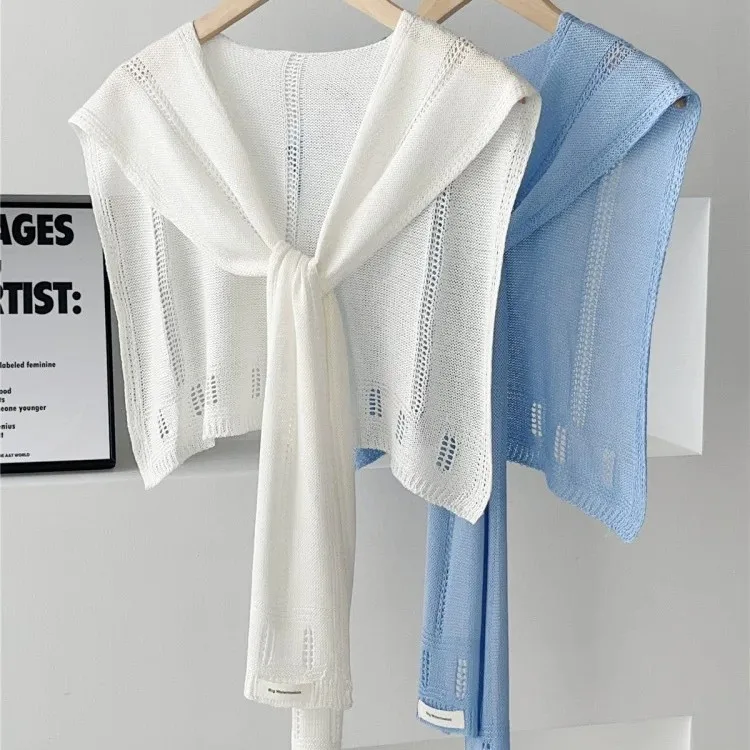 

Женская ажурная шаль из ледяного шелка с узлами, универсальный вязаный шарф в корейском стиле, летний повседневный кардиган
