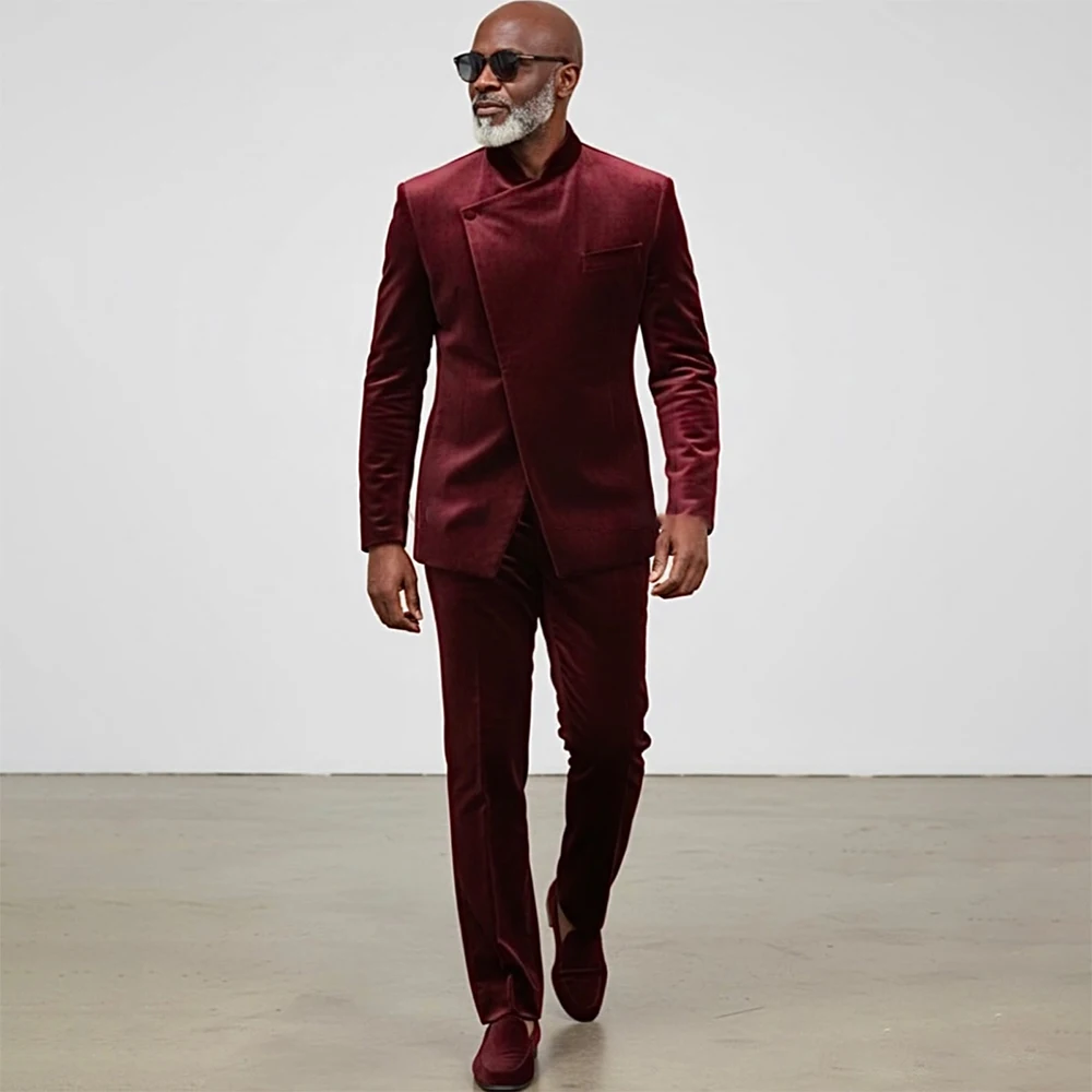 Burgundy Velvet Men's Suits Safari Stand Lapel Slim Fit 2 Piece Jacket Pants Sets Customzied Wedding Male Clothing Luxury Sets