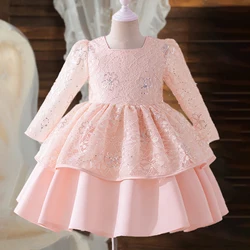 Long Sleeve Sequin Bridesmaid Girls Party Dress Elegant Lace Flower Princess Birthday Wedding Prom Dresses for Girl Evening Gown