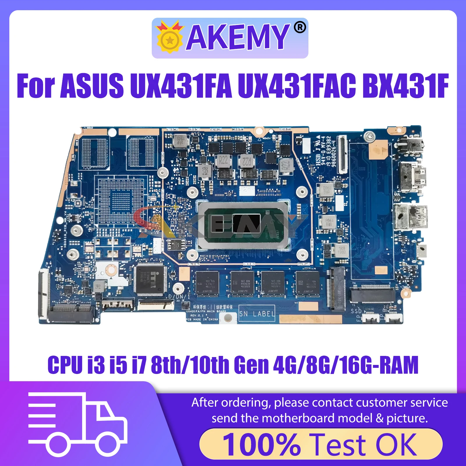 

AKMEY UX431FA Mainboard For ASUS UX431FAC UX431FN UX431FLC BX431F RX431F Laptop Motherboard I3 I5 I7 8th/10th Gen 4G/8G/16GB-RAM