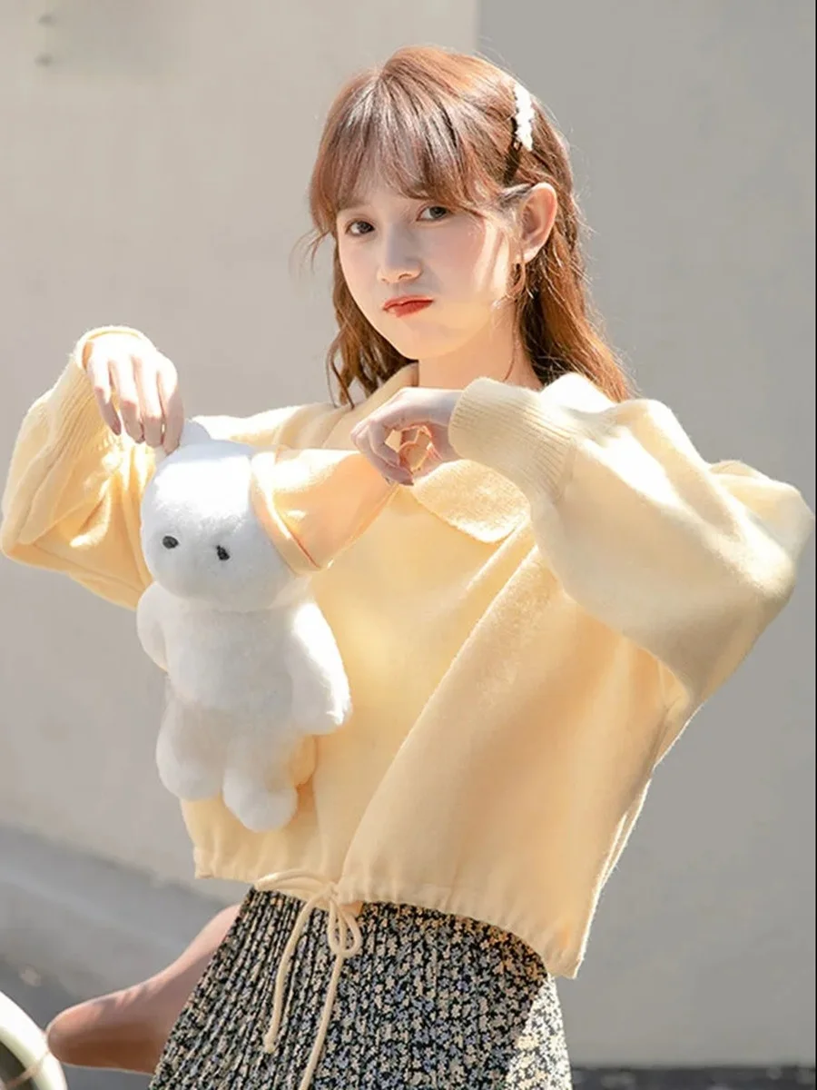 

Желтый вязаный свитер женский с коротким и длинным рукавом, свободного кроя, в милом стиле, осень-зима, новинка, дизайн Fufu, хит продаж