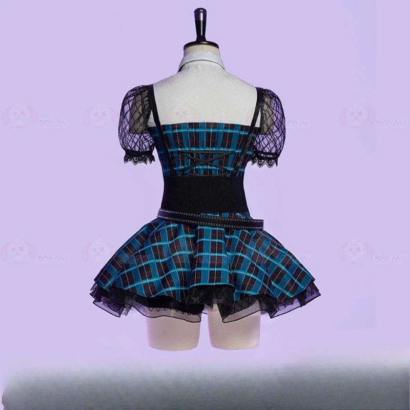 Original Design Blue Plaid Lace Splicing Hollow Out Women's Dress New Halloween Sweet Cool Cute Puff Sleeve Short Dresses Girl