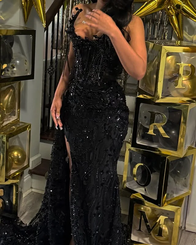 

AsaNagi Sunny Black Sequined Mermaid Prom Dress Off-Shoulder Customized Evening Gown for African Women Girls Birthday Party