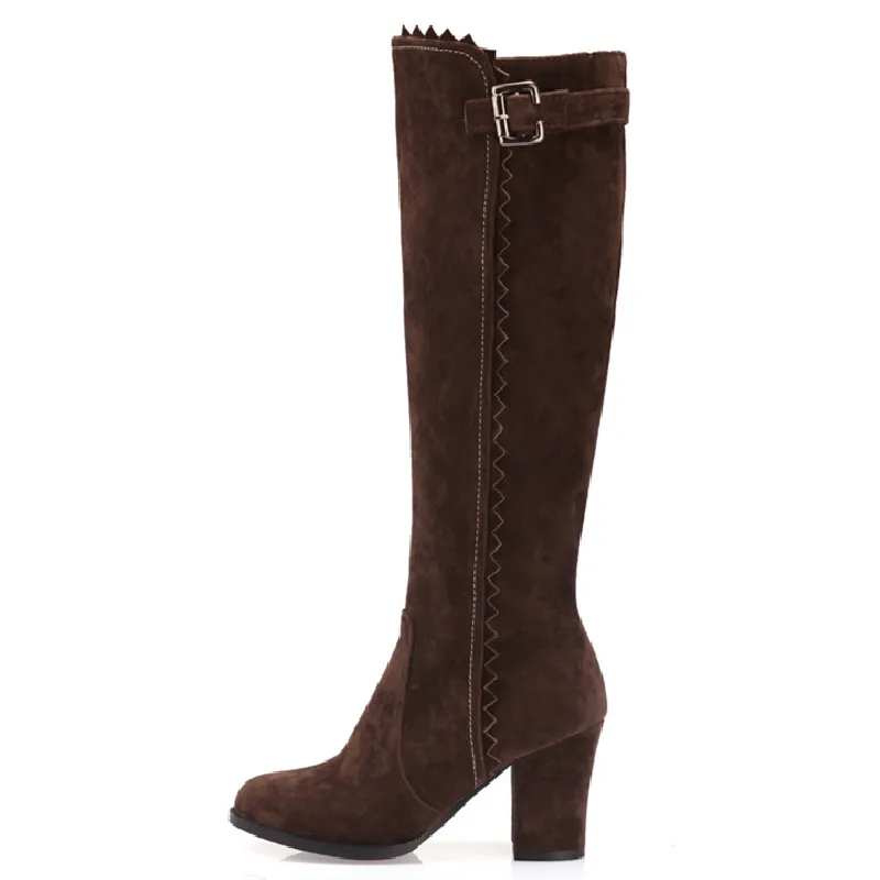 Faxu Suede Knee High Boots Women Shoes Fashion Long Tall Boot Female Block High Heels Flock Brown Autumn Winter Shoes Large Size