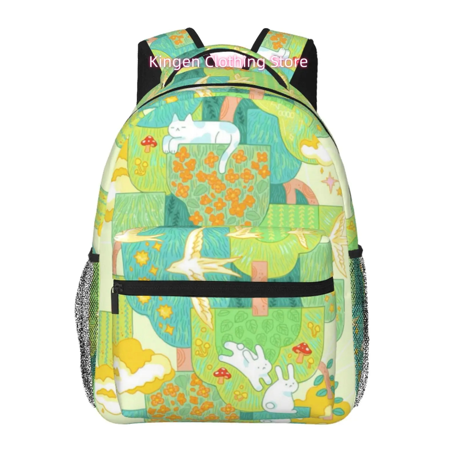 Patchwork Green Forest Cat Rabbit Landscape Print Travel Hiking Backpacks, Ideal for Ipads And Laptops, Comfortable And Lightwei