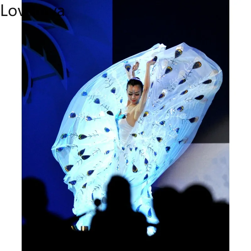 Pena Pavão Desgaste Da Dança, Roupas De Desempenho, Fio Espiritual, Saia Branca, Trajes Dai Idiomas