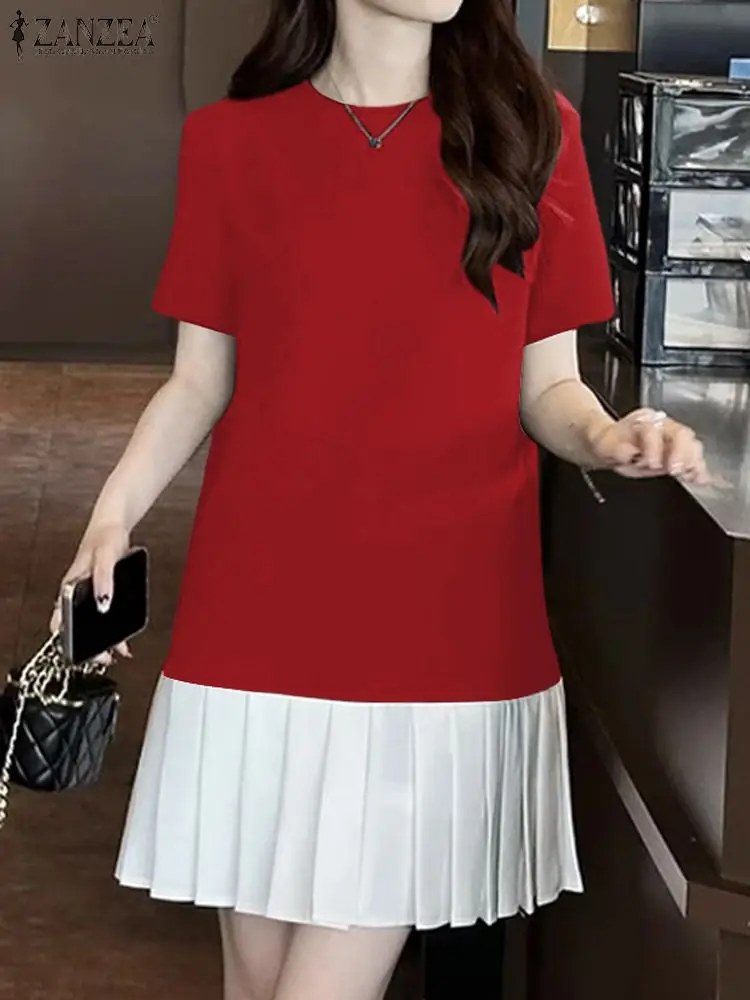 

ZANZEA Casual Pleated Hem Party Dresses Women Color Block Fashion Streetwear A-line Vestidos Short Sleeve O Neck Mini Dress