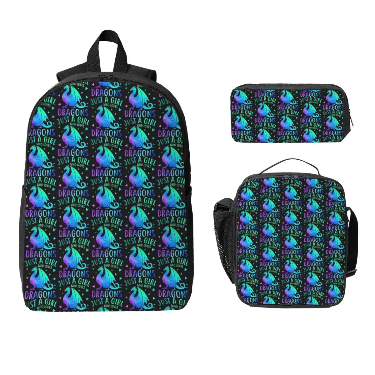

Cute Just A Girl Who Loves Dragons Women And Girls Backpack Boys Girls BookBag School Bag 3ps Insulated Lunch Bag Pencil Case