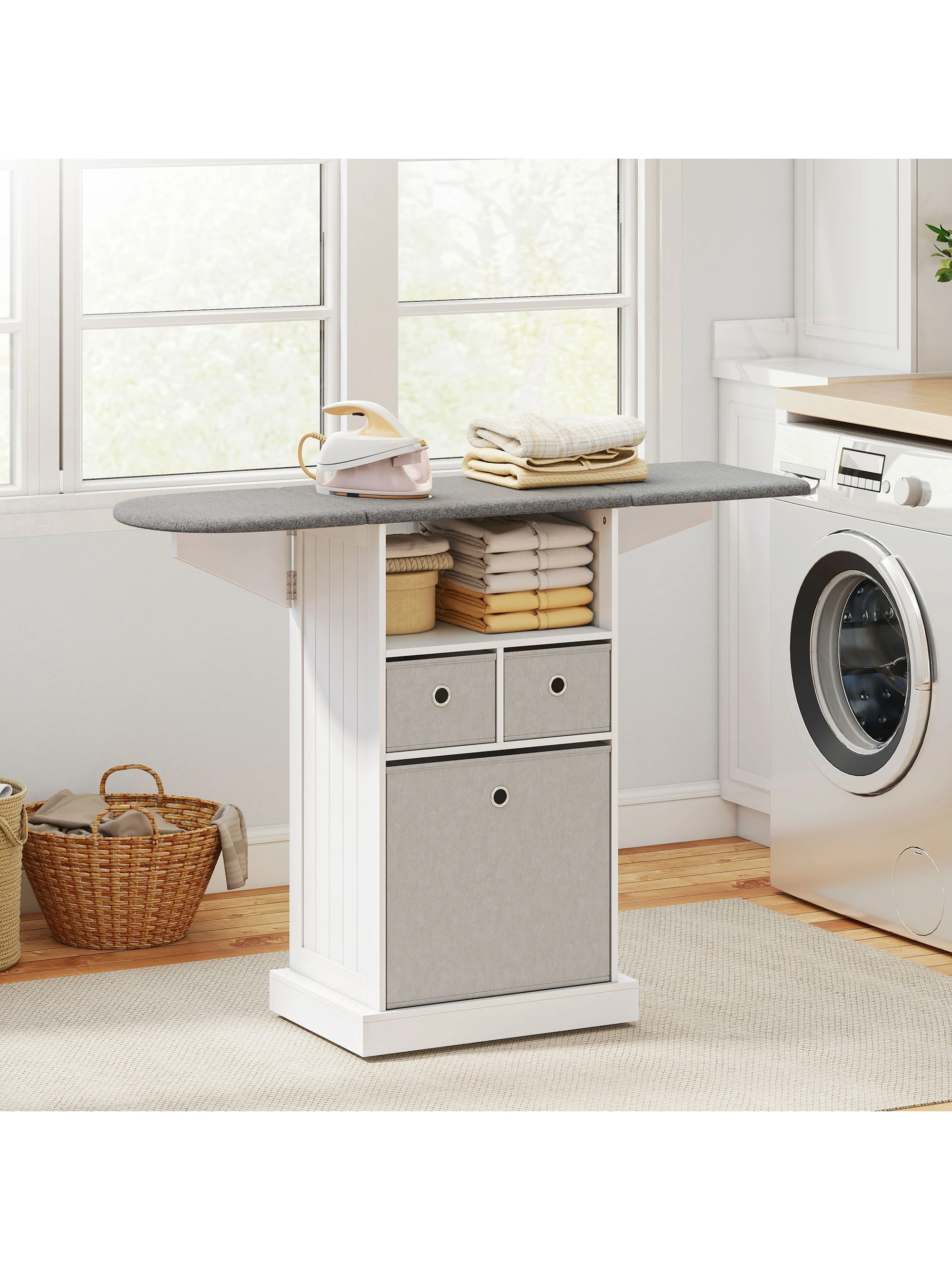 HOMCOM Strijkplankmeubel met wielen, opvouwbare strijkplank, 3 lades van stof, 121x37x89,5 cm, wit - afbeelding 2