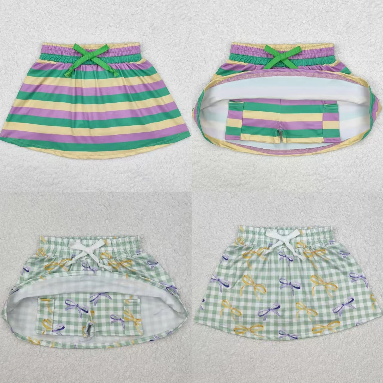 Wholesale Baby Girl Mardi Gras Clothes Stripes Bows Plaid Pocket Shorts Skirt Kids Children Toddler Clothing