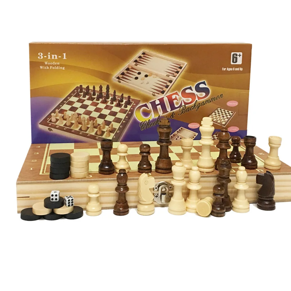 Wooden Chess Backgammon Checkers 3 in 1 Chess Set Travel Chess Game Wooden Chess Pieces Chessboard for Kids Adult Three Gameplay