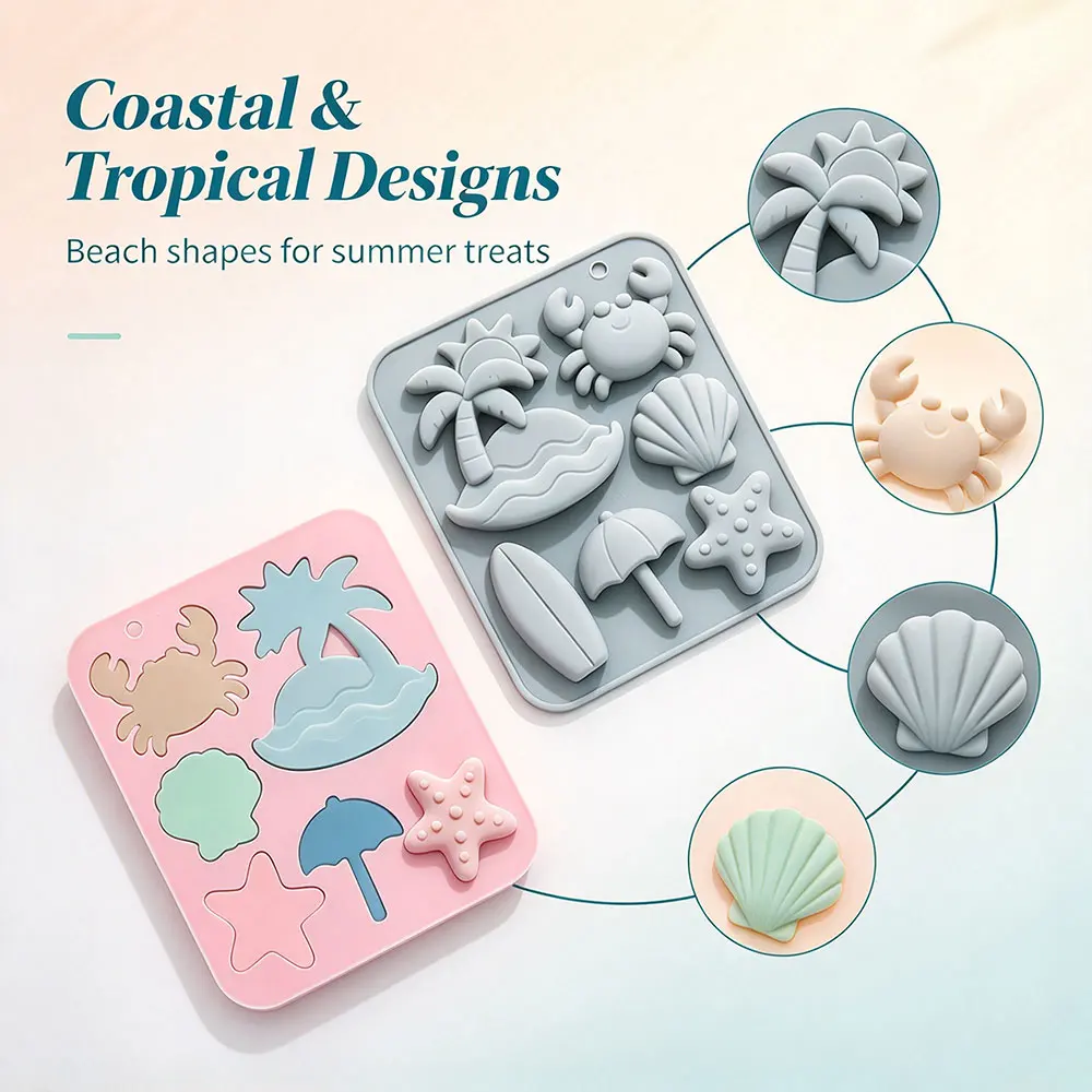 Tropical Beach Theme Silicone Molds,Summer Ocean Chocolate Mold Seashell Starfish Surfboard Jello Mold for Baking Gummy,Ice Cube