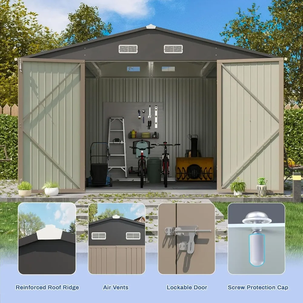 Brown Waterproof Metal Outdoor Storage Shed,Lockable Door & Sloping Roof,Garden Tool Storage,10x8FT, HOT