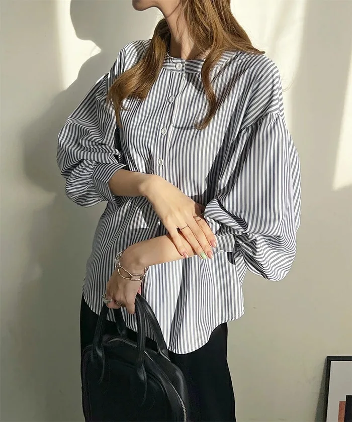 New Women's Shirt, Loose Fit, High-end Feel, Available in 7 Colors, Striped Lantern Sleeve Top for Women.