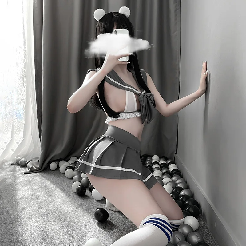 여성용 애니메이션 세일러복 란제리 세트 여학생 코스프레 의상 나비넥타이 크롭탑 러플 주름 치마 섹시 속옷 의상