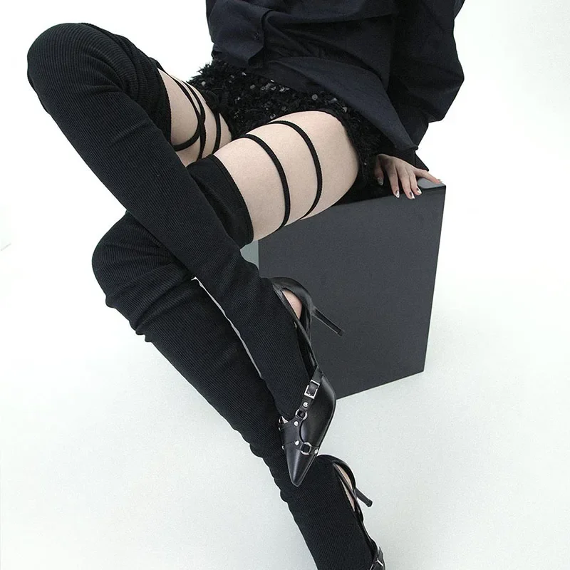 Punk Women Tie Split Toe Knee High Socks DIY Strappy Calf Socks Sexy Strap Mid Tube Stocking Y2K Gothic Japanese JK Leg Covers