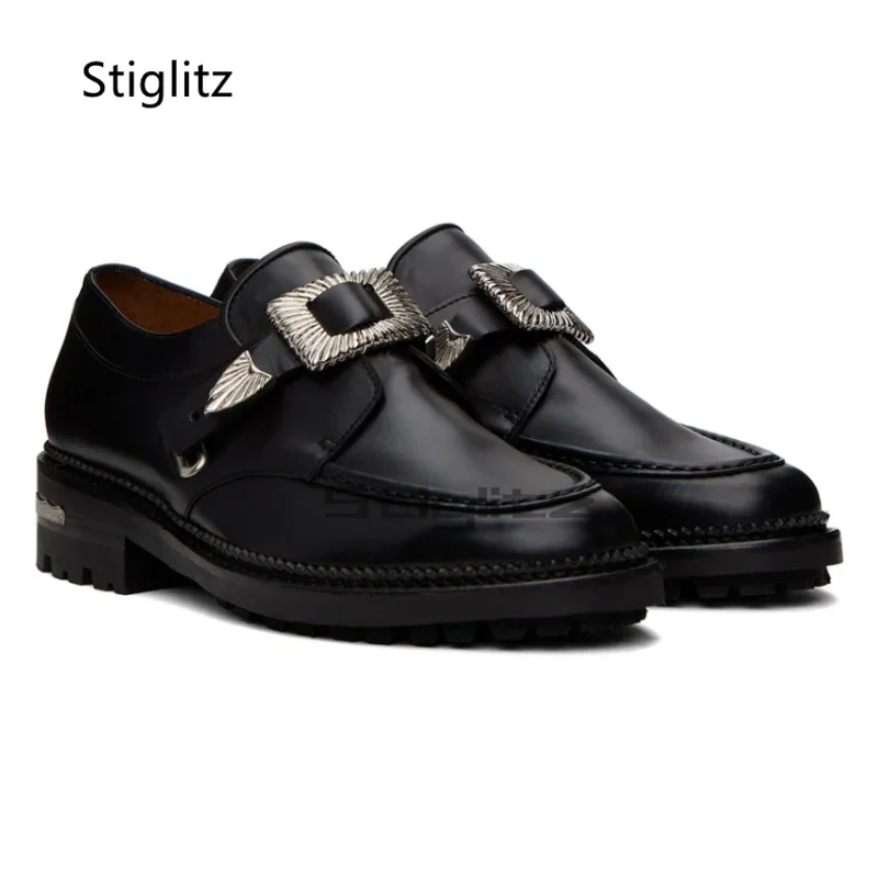 

Black Metal Buckle Men's Dress Shoes Retro Casual Thick Sole Business Man Shoes Slip-On Genuine Leather Comfortable Loafers