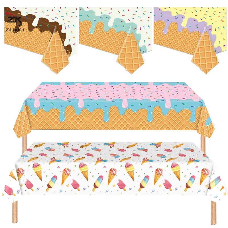 137x274cm Summer Ice Cream Party Tableware Tablecloth Chocolate Ice Cream Disposable PE Table Cover Bithday Party Decor