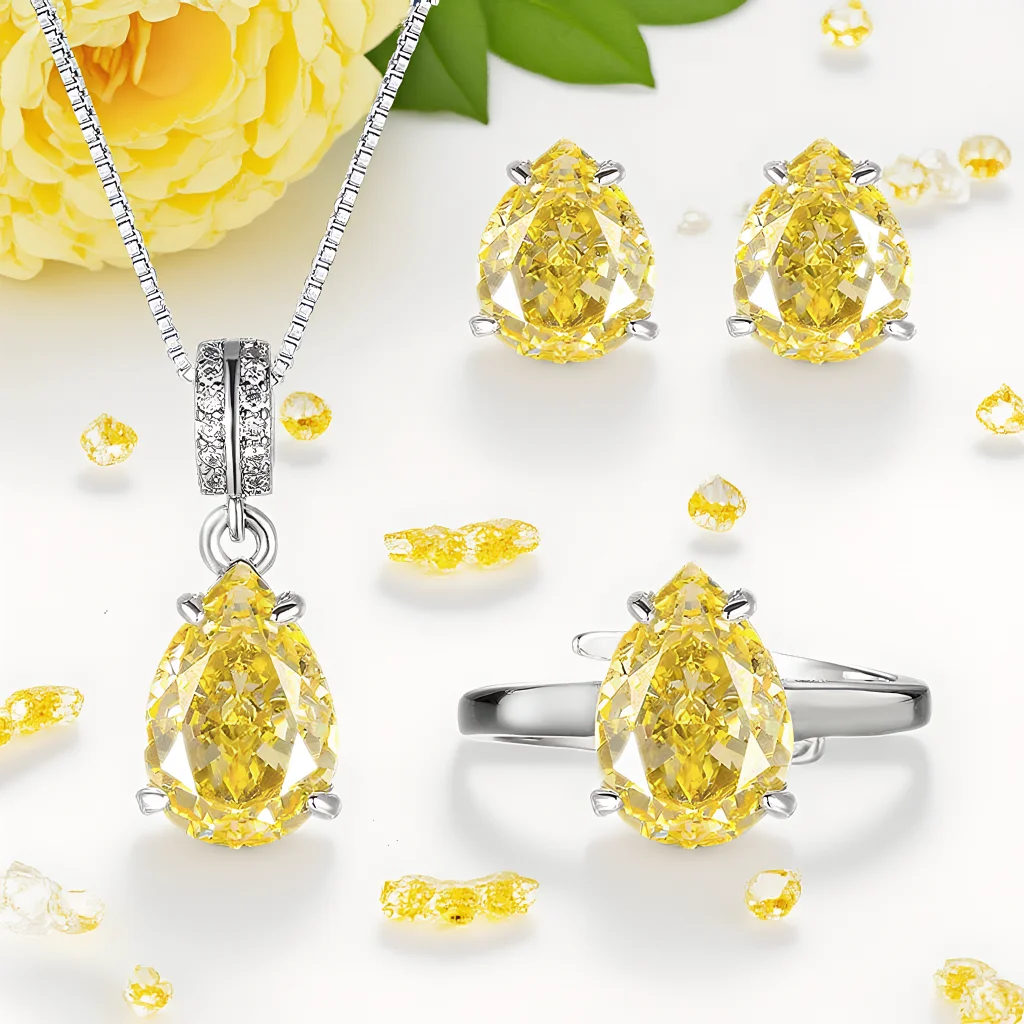 

4pcs Elegant Vintage Jewelry Set for Women Yellow Gem Droplet Shape Necklace Shiny Crystal Choker Bridal Wedding Earrings Party