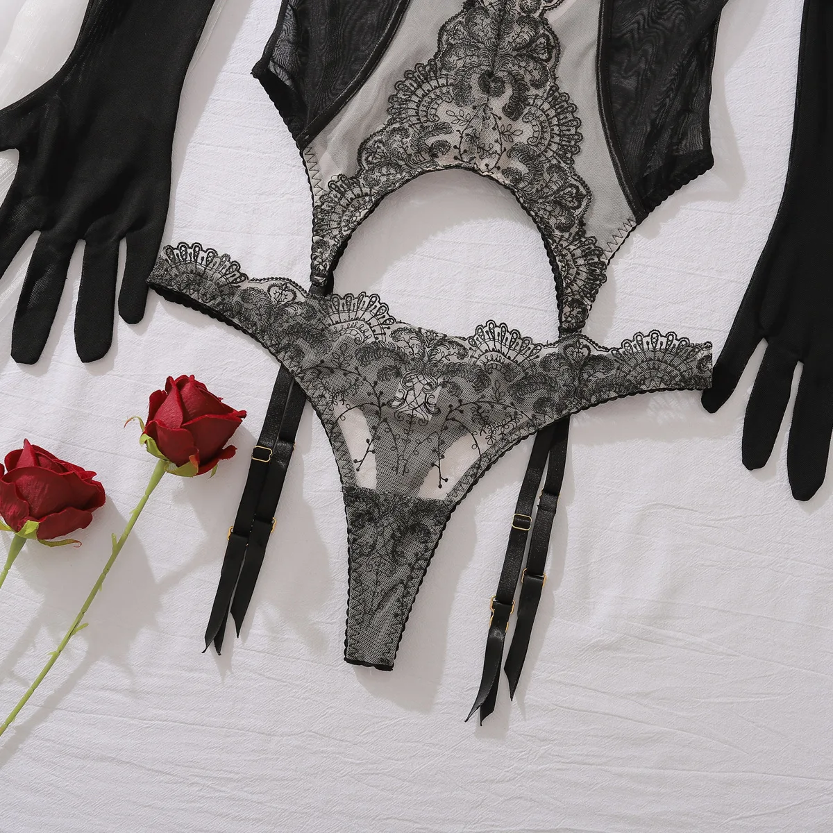 여성 섹시한 레이스 이국적인 세트 바디 슈트 자수 얇은 메쉬 란제리 속옷 우아한 숙녀 이국적인 의류