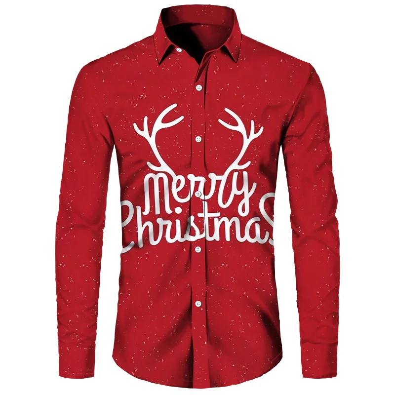 2024 New Year Christmas Shirt for Men Christmas Red Printed Long Sleeve Lapel Shirt Casual Party Button Lapel Top Festive Outfit