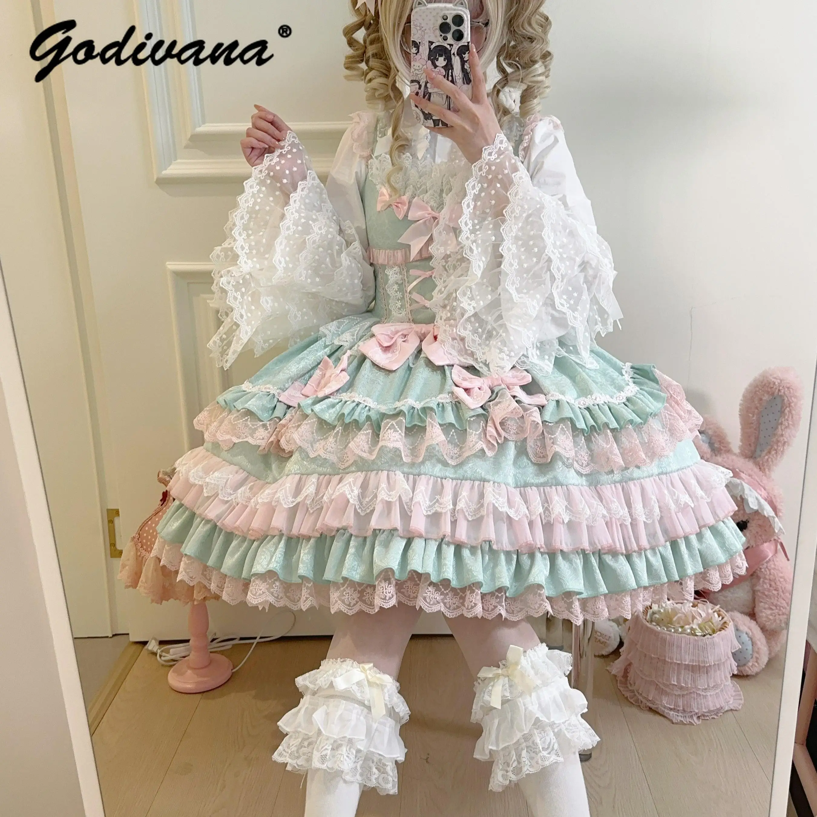 2025 New Spring Lolita Jsk Dress and Shirt Set Girls White Lace Sleeve Shirt Sweet Jsk Suspender Dress Cute Outfits