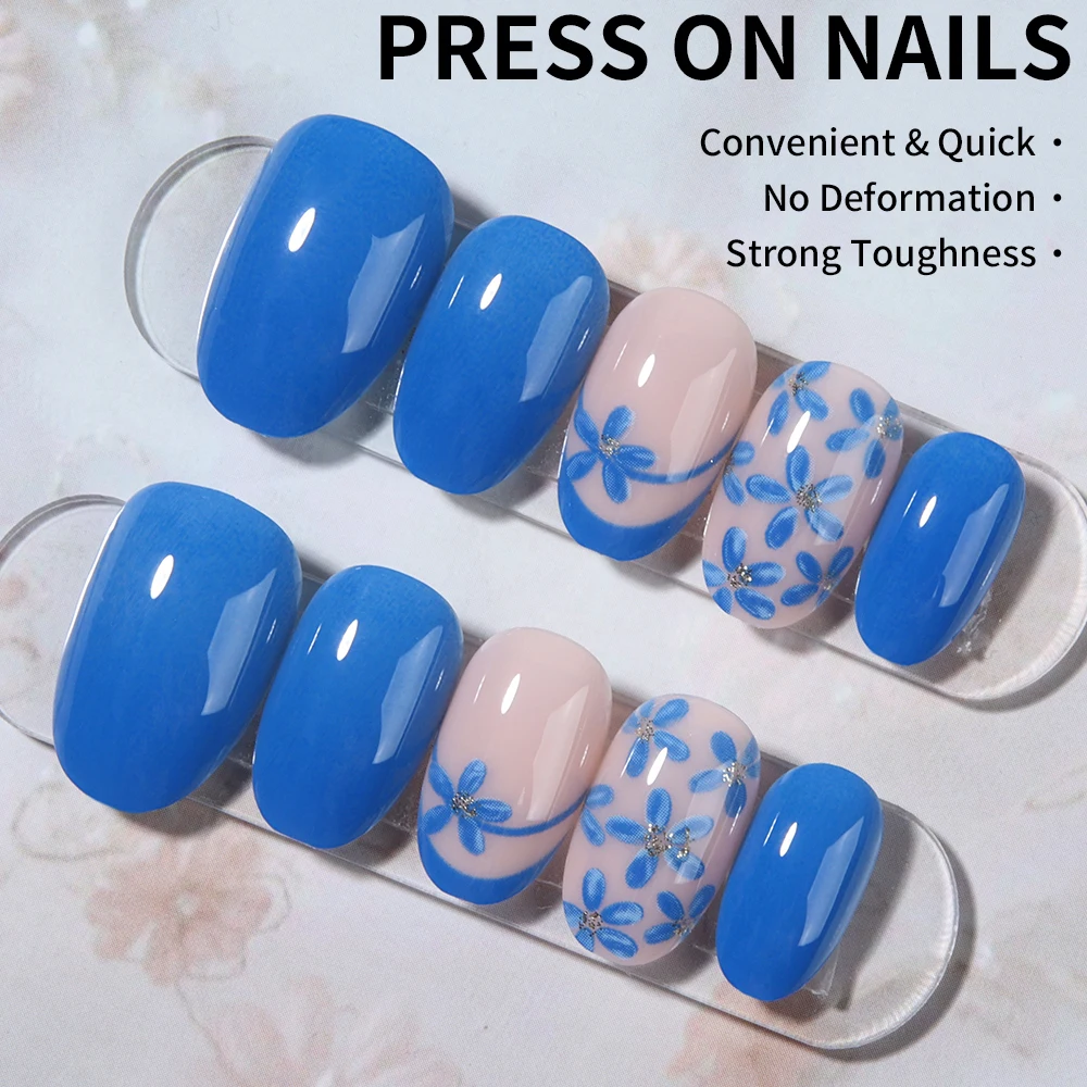 قم بتحويل أظافرك مع، 24 قطعة من الزهور الزرقاء البيضاوية القصيرة مع تصميم لامع، اضغط على مجموعة أظافر، لون حلوى معكرون مناسب تمامًا أ #3
