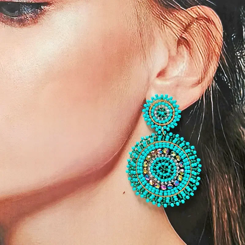 Beaded earrings Originality Crystal Roundness Hand knitting Bohemia Alloy Tide Simple Rice bead bracelet