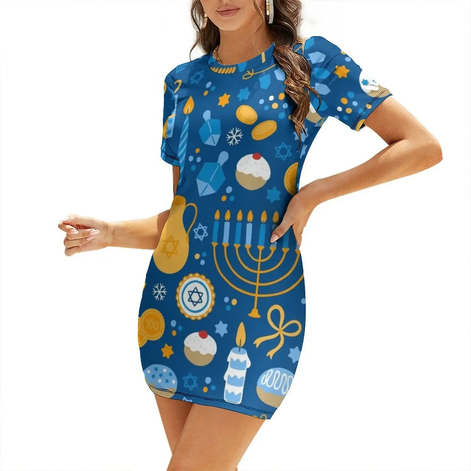 

Happy Hanukkah Pattern Short-Sleeved Dress party dresses woman dresses for woman Summer dresses for women Dress