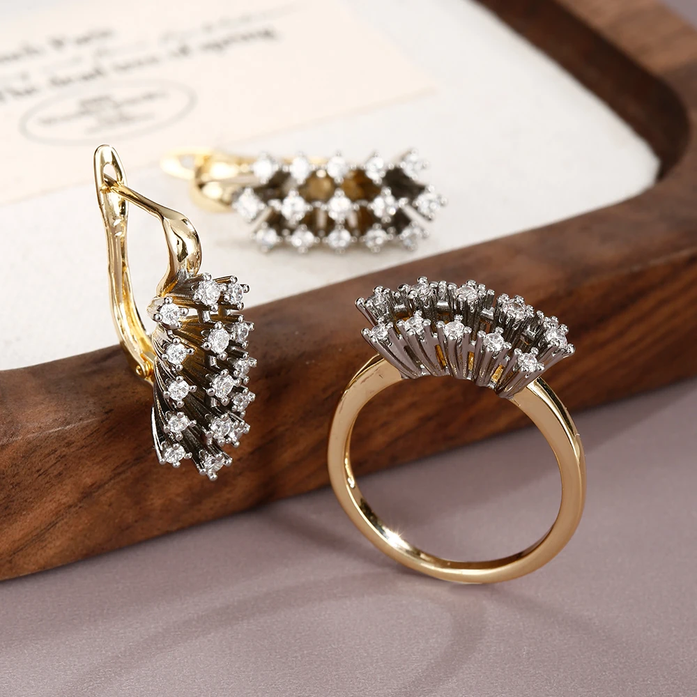 Fächerförmige radiale Reihen von Diamantohrringen und -ringen, retro zweifarbiger Modeschmuck, vielseitig für Partys und Bankette. – Detail 5