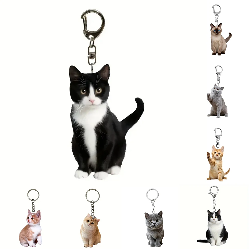 Women Cute Acrylic Cat Key Chains Lovely Black White Cat Pendant Children Funny Keychains Girls Schoolbag Ornament Jewelry