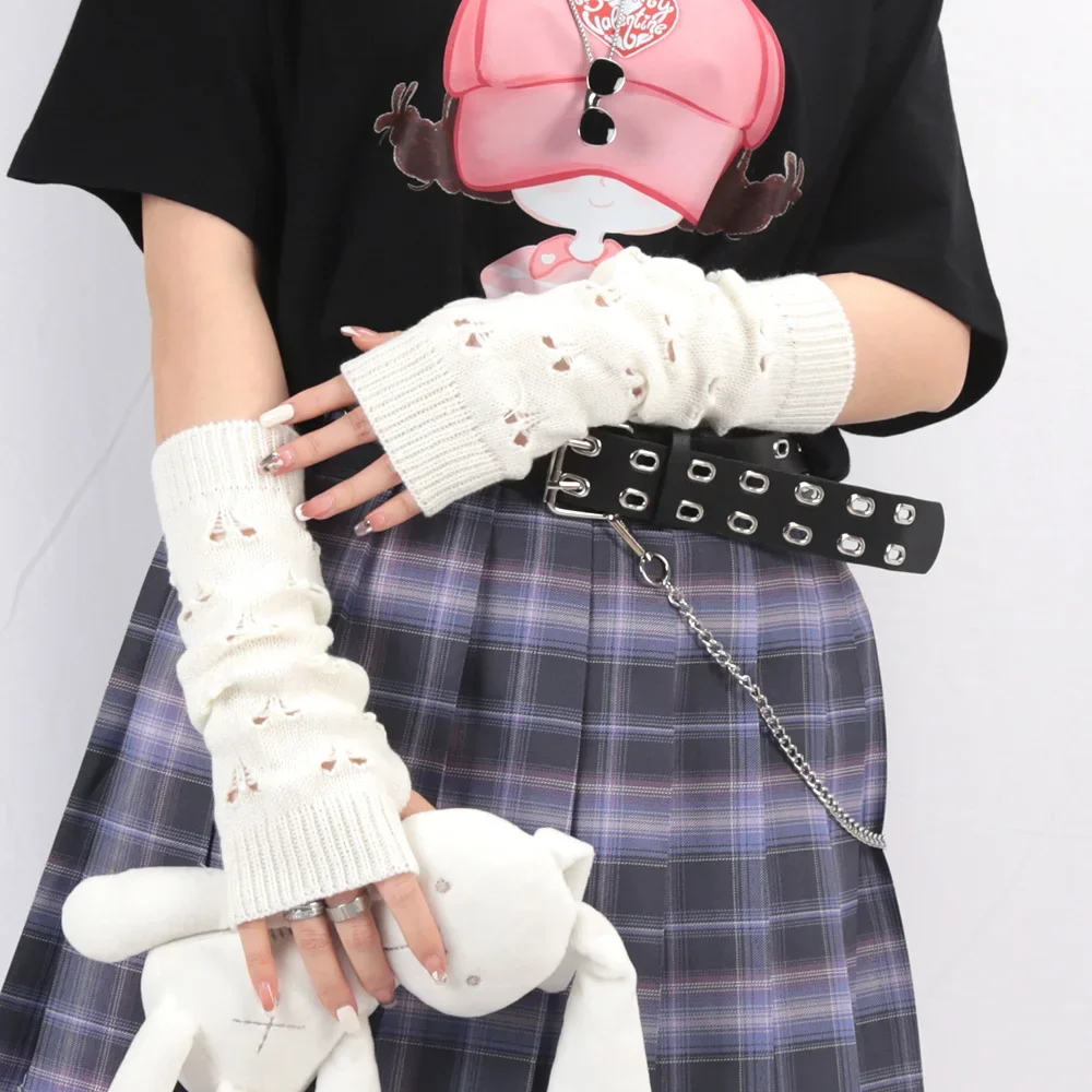 

Y2K Winter Women Punk Stylish Gloves Girls Arm Crochet Knitting Hollow Heart Mitten Warm Fingerless Gloves