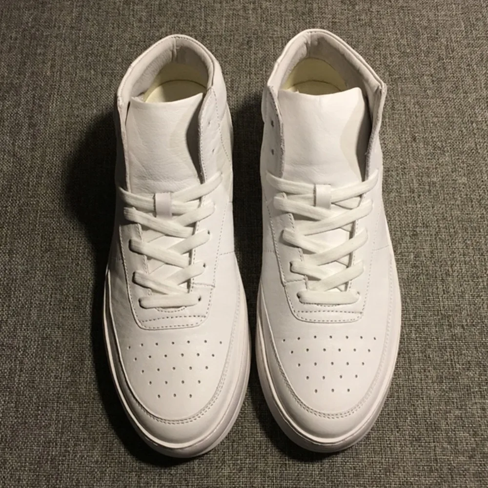 

QHCCID Men High-top Cowhide Boots Spring Autumn Genuine leather White Breathable Sneakers Casual White Shoes fo Men