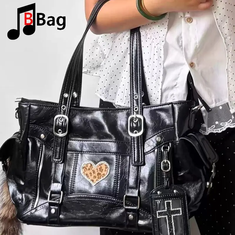 Niche Design Shoulder Crossbody Bag Large Capacity Tote Y2K Hot Girl Cross Motorcycle Bag Punk Grunge Dark Academia Alt Goth